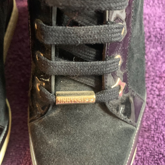 Jimmy Choo Black Suede/Patent Leather Wedge Bootie sz 39 - Picture 3 of 10